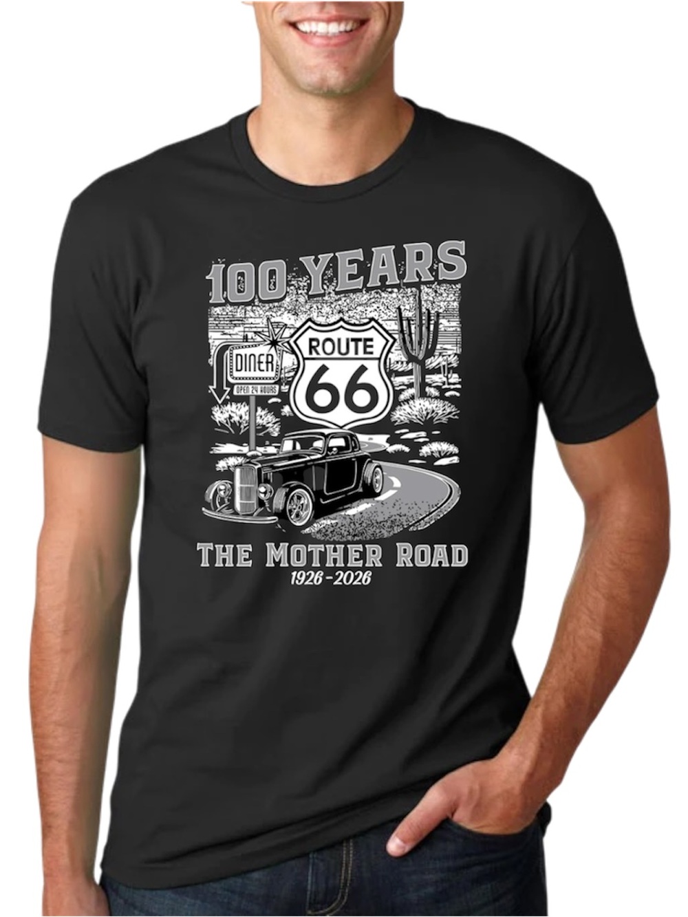 Route 66 100 Years T-Shirt 1926–2026 Vintage Car Mother Road Retro Graphic Tee